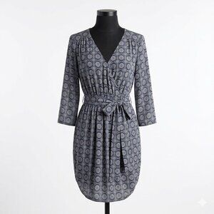 DR2 by Daniel Rainn Belted Shirt Dress Large Blue Print Surplice Mini Pockets L